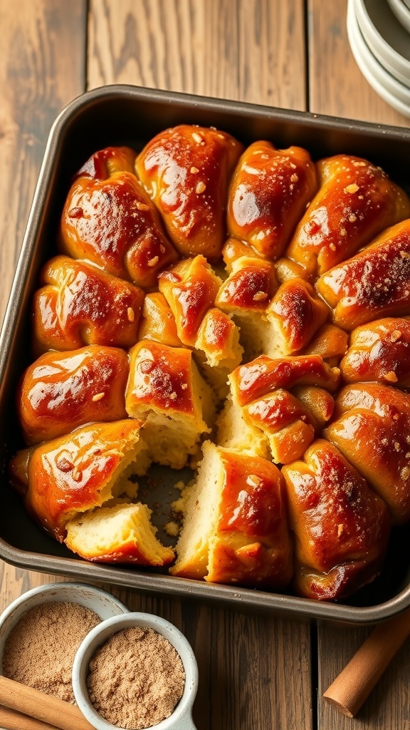 A freshly baked monkey bread in a 9x13 pan, golden brown and glistening with glaze, surrounded by a rustic kitchen setting.